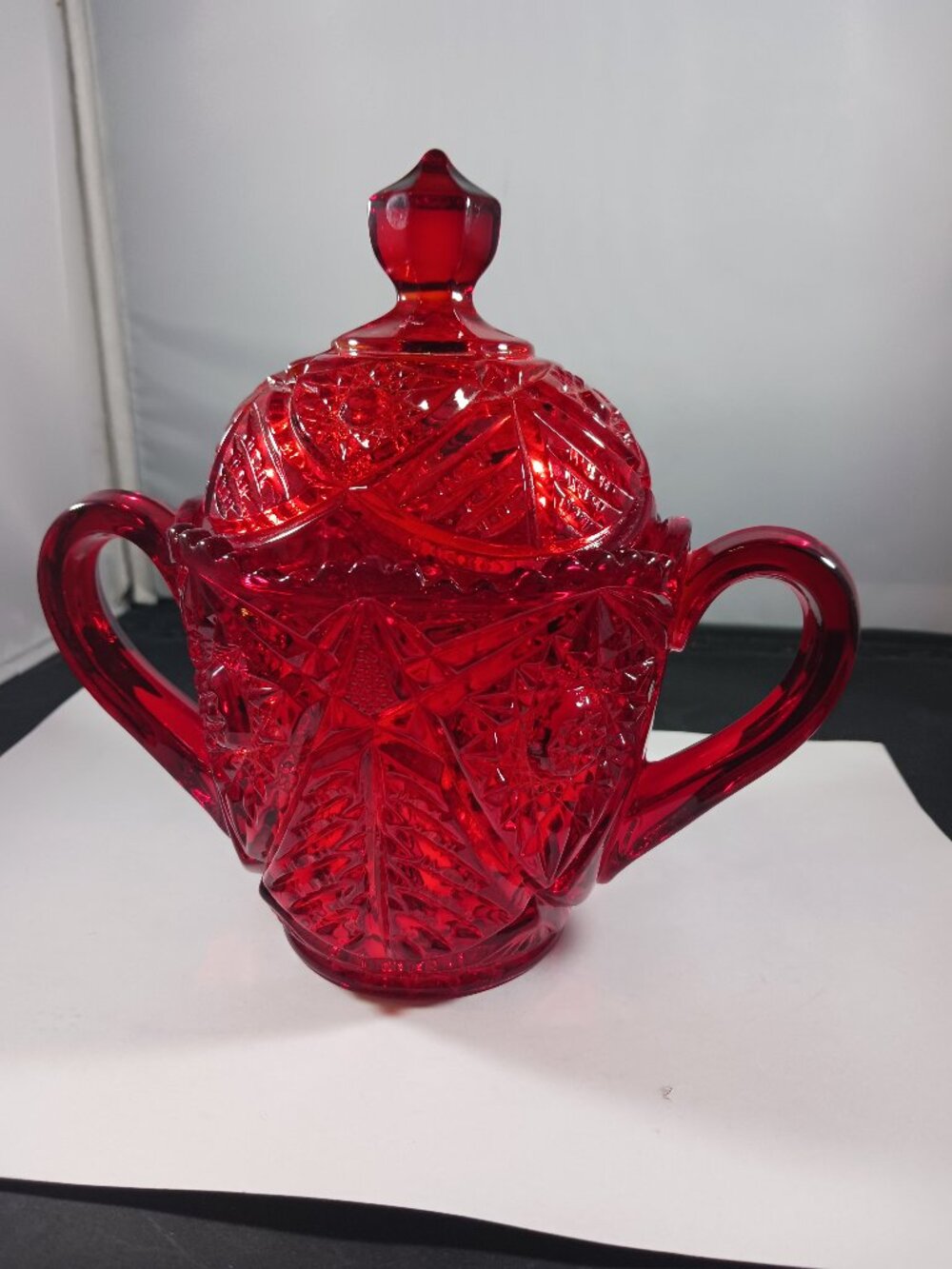 Early American Pattern Glass Red Sugar Bowl with Lid